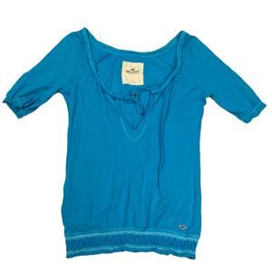 Hollister Top‎ Tie Neck Smocked Waist Blue Women's S Casual Half Sleeve Shirt